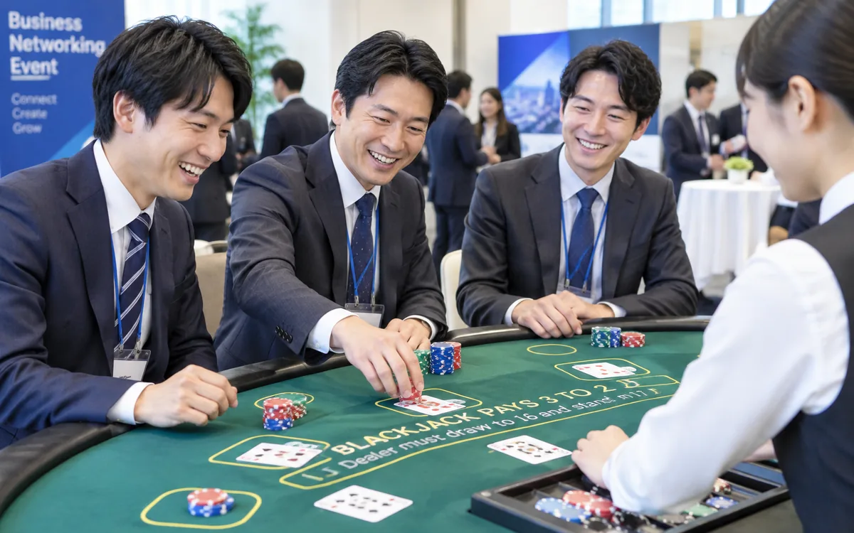 ブラックジャック台を囲む参加者とカードを配るディーラー