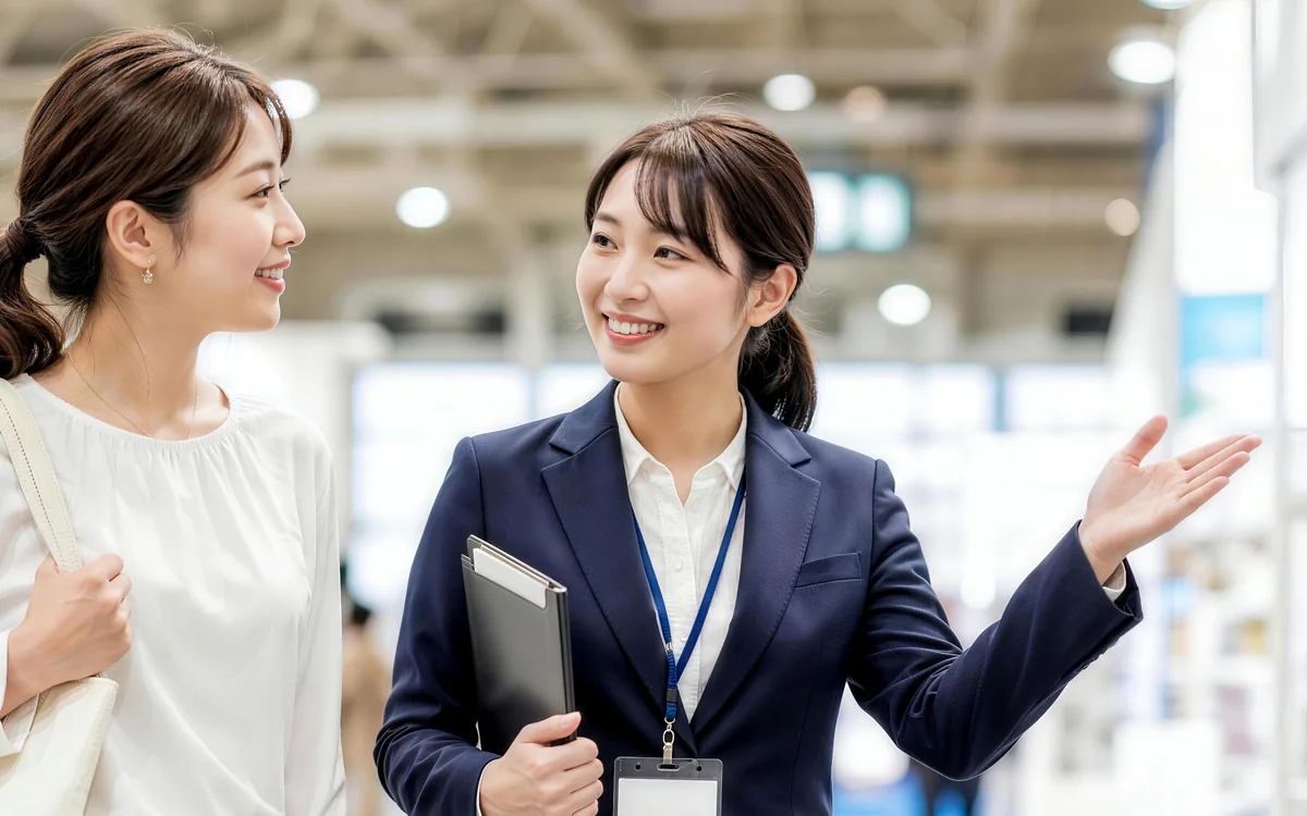 展示会場でブースを案内するネットワールド社員と来場者